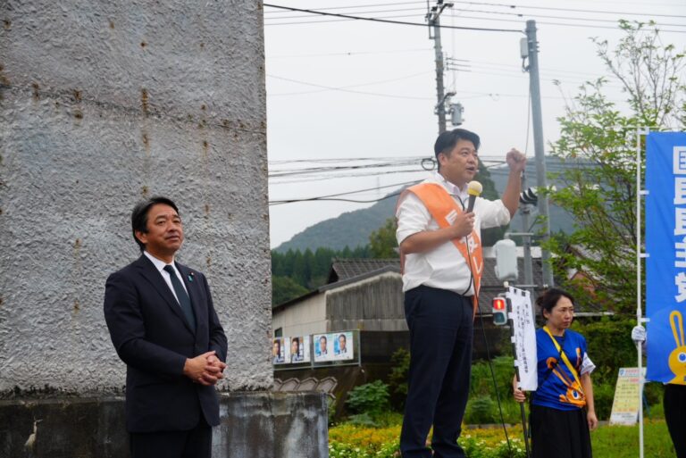 【宮崎2区・長友しんじ】「1円の重みが分からないのが与党である」榛葉幹事長が長友しんじ候補と街頭演説