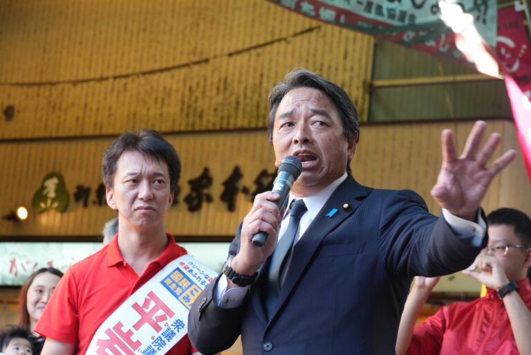 【大阪8区・平岩まさき】「政治不信の理由は国会議員が責任を取らないからだ」平岩まさき候補が榛葉幹事長と街頭演説